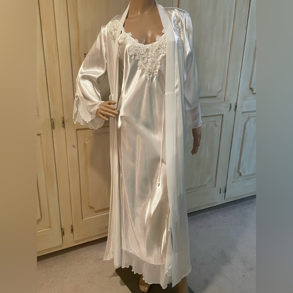 Linea Donatella Bridal Robe and Gown with sheer trim, pearl/lace appliqué
